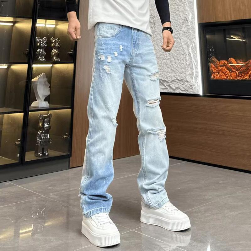Summer new American retro washed old jeans men's loose straight pants trendy wide-leg pants casual trousers