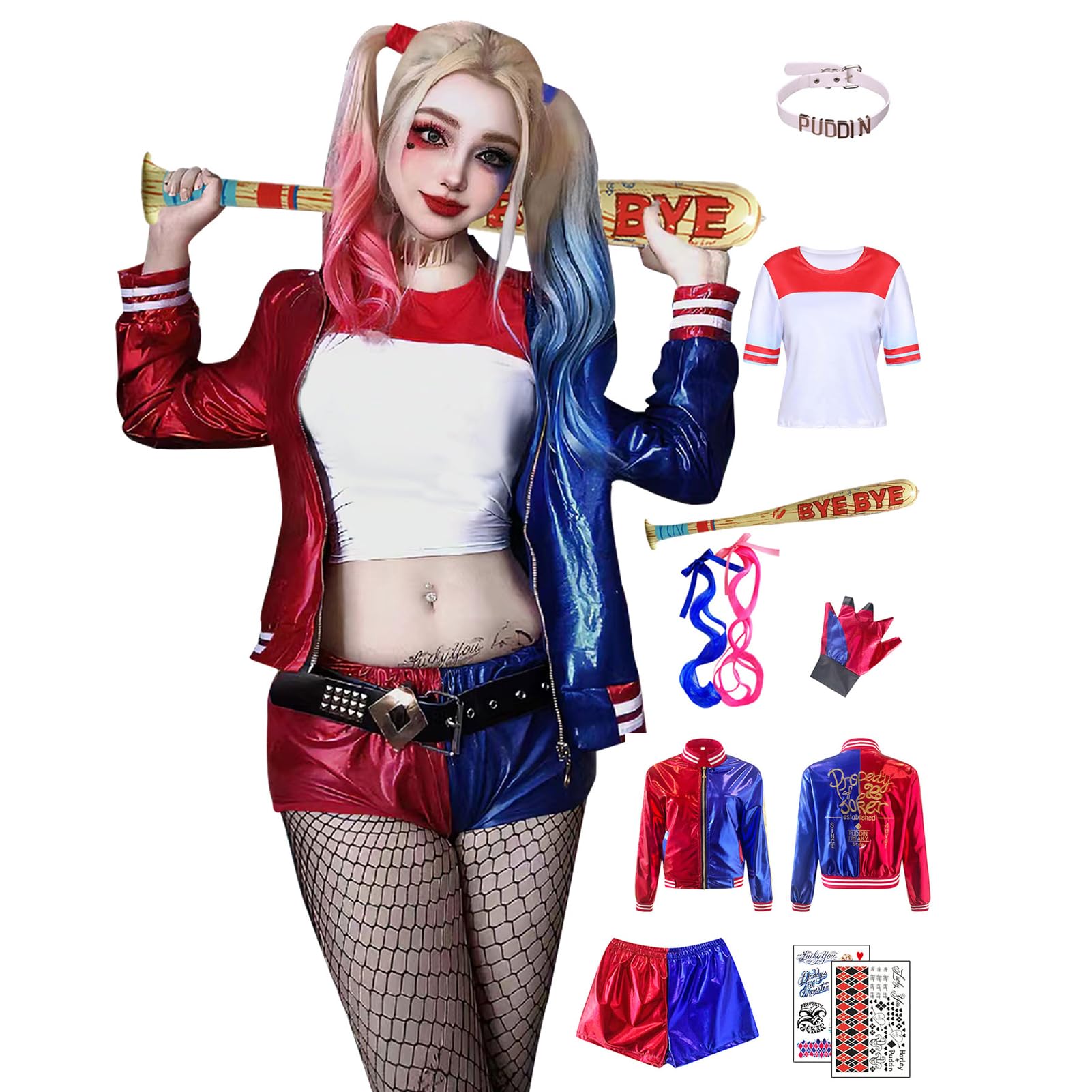 

Matreeglam Костюм Харлі Квін для косплею на Хелловін з набором для дорослих і ідеально підходить для шкільних культурних і сценічних виступів, реквізит, 8 предметів, для дівчат,
