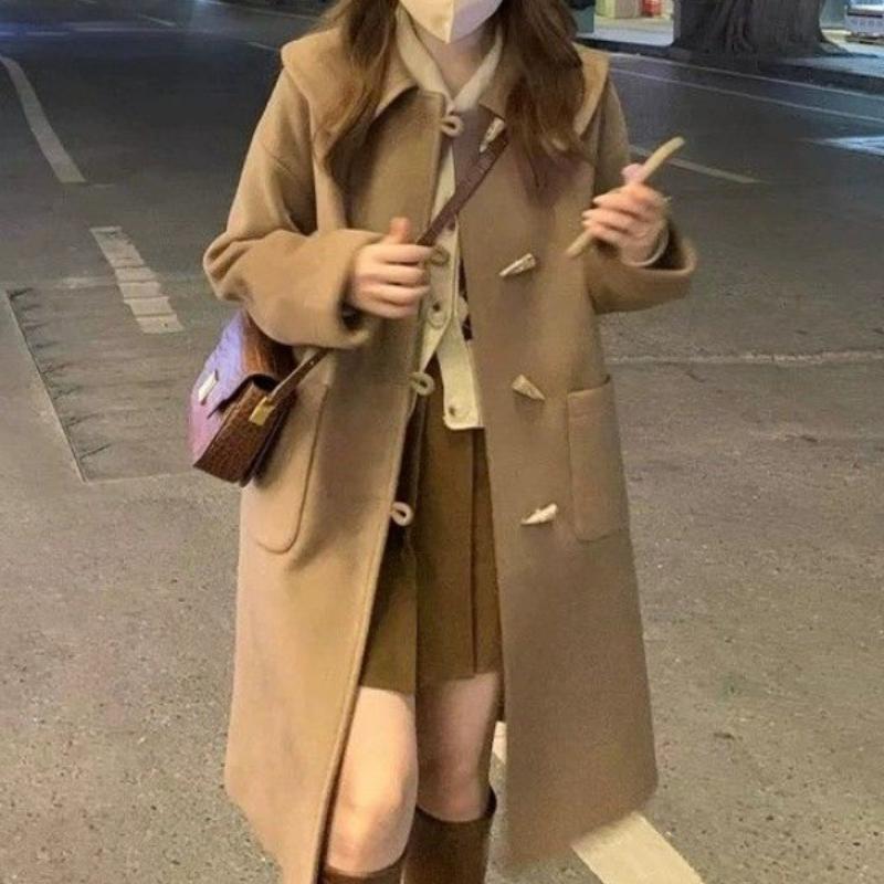 High-End Thickened Woolen Trench Coat with Horn Buttons Autumn Winter Mid-Length Outer Wear