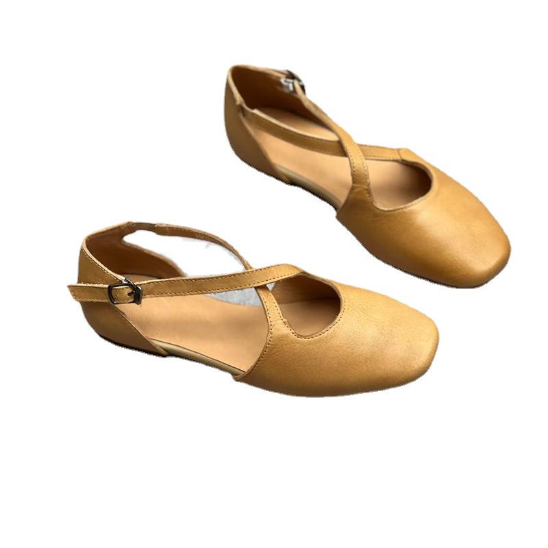 Literary Mori Style Handmade Genuine Leather Square Toe Flat Sandals for Women