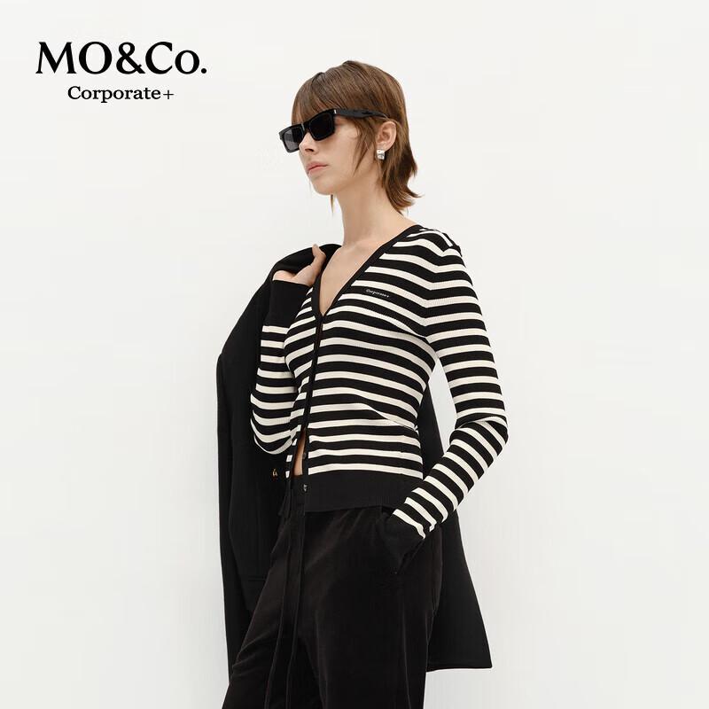 MO&Co. C+ Series Striped Knit V-Neck Cardigan