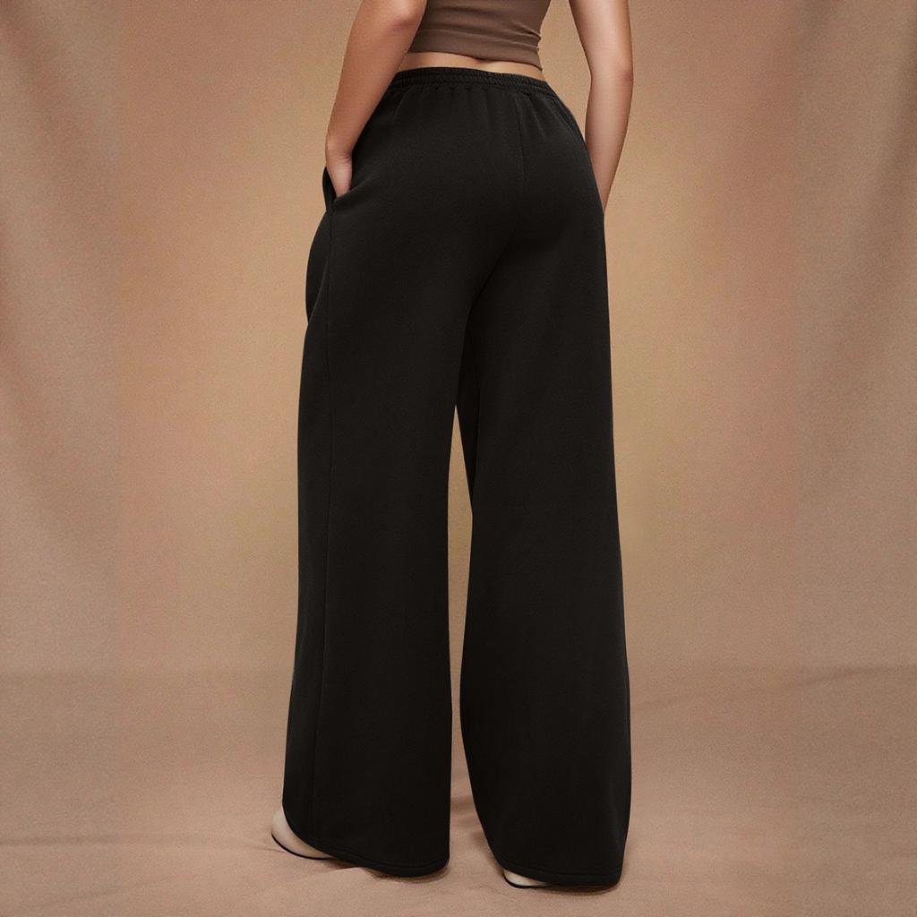 Dámské vlněné tepláky se širokými nohavicemi Zimní teplé sportovní kalhoty rovného střihu s kapsami