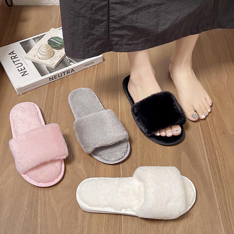 Plus Size Fluffy Rabbit Fur One-Strap Flat Bottom Slippers