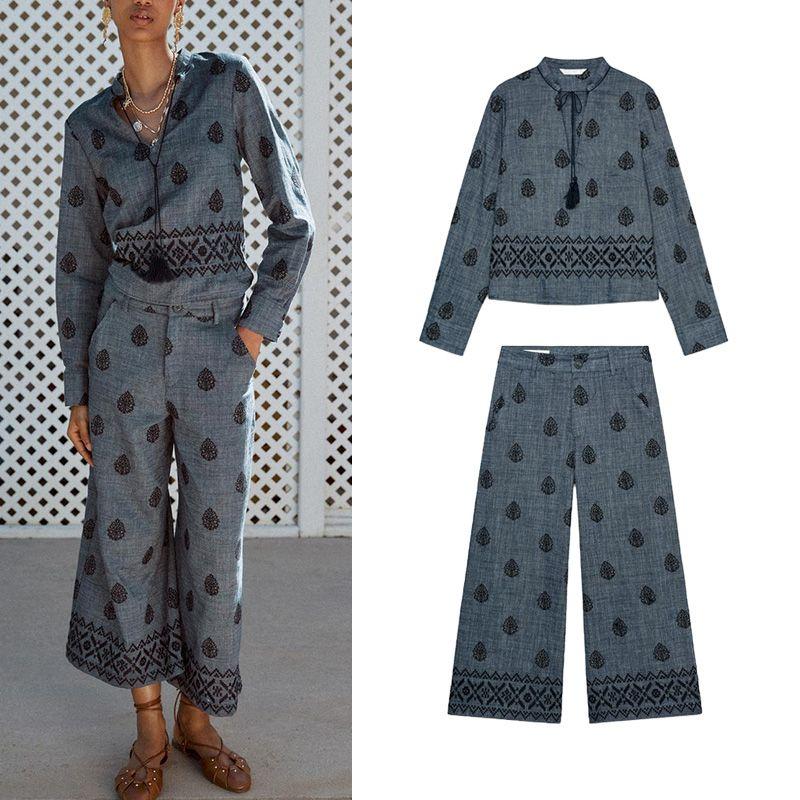 Cotton Spherical Embroidered round Neck Long sleeve Top 8351021 High Waist Wide Leg Casual Trousers 8351022