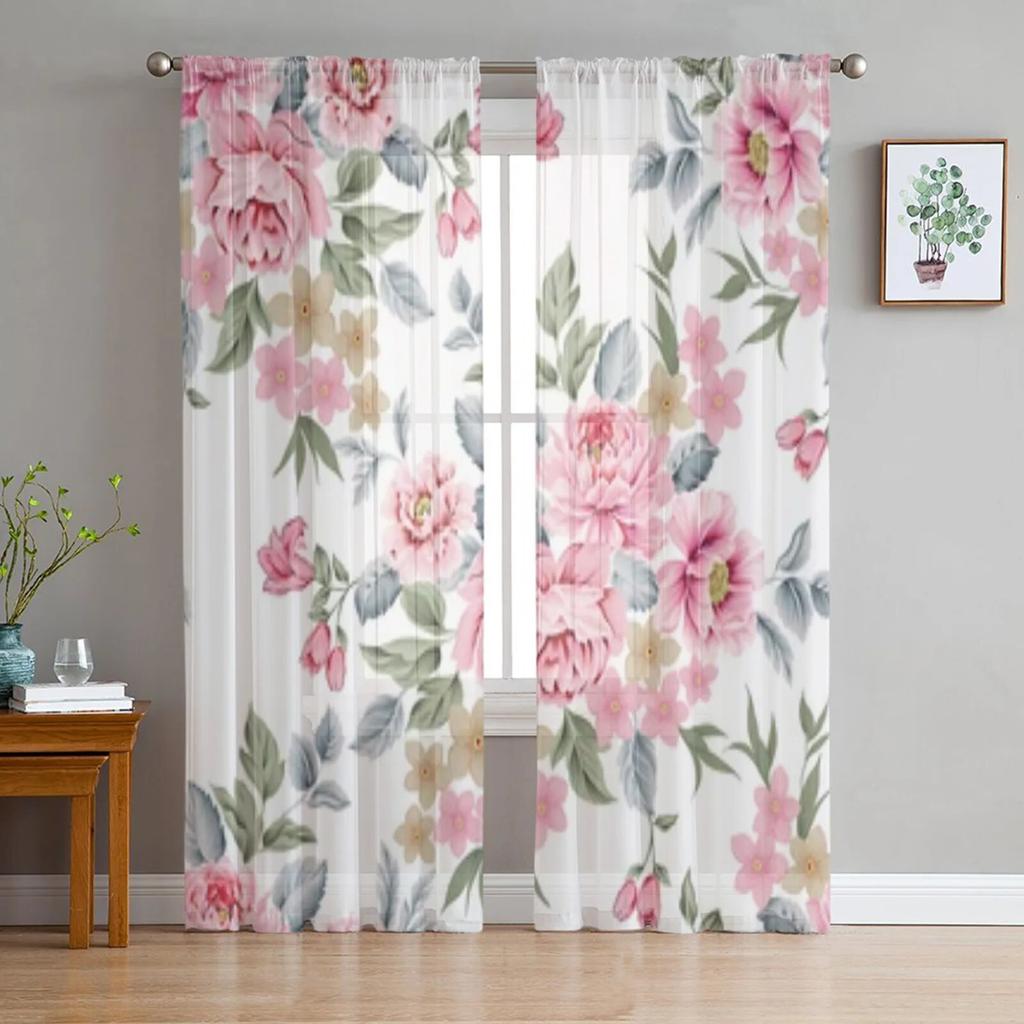 Blumenmuster mit rosa Rosen, transparente Fenstervorhänge für Wohnzimmer und Schlafzimmer, moderne Chiffon-Voile-Vorhänge, Stoffvorhänge