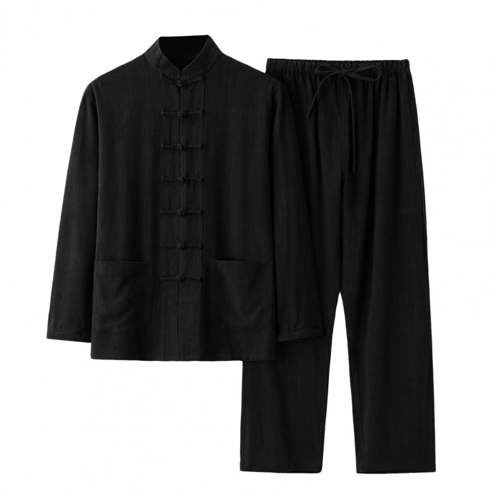 Повседневный мужской комплект из рубашки и брюк в китайском стиле, мужской повседневный комплект из двух предметов с воротником-стойкой, пряжками-дисками, эластичным шнурком M чёрный