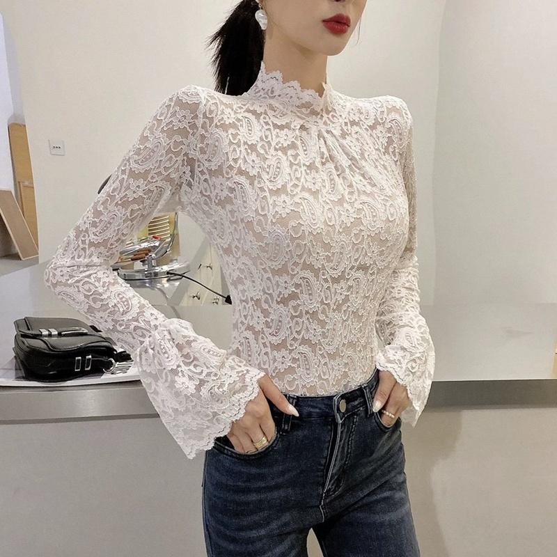 Women's Flower Lace Turtleneck Mesh Top Elegant Pullover