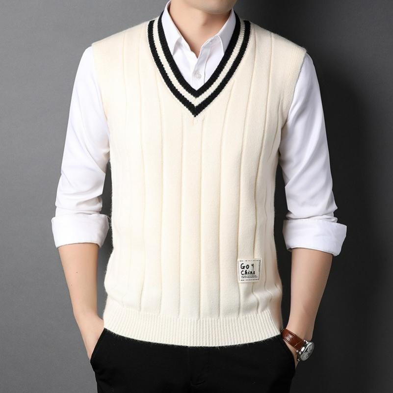 

Four Seasons Men s Wool Yarn Knitted Vest Sleeveless Casual V-neck Wool Men s Vest Shirt S білий