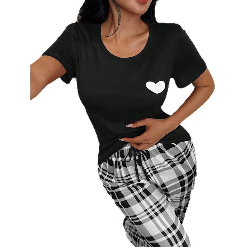 Retro Color Block Plaid Pajama Set: Women's Short Sleeve Round Neck Top & Long Pants, Comfortable Spring/Summer Home Wear
