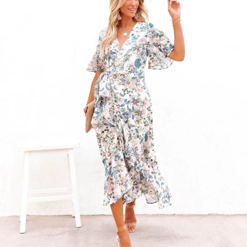 

Модная летняя шнуровка, асимметричный короткий рукав, цветочный принт White M