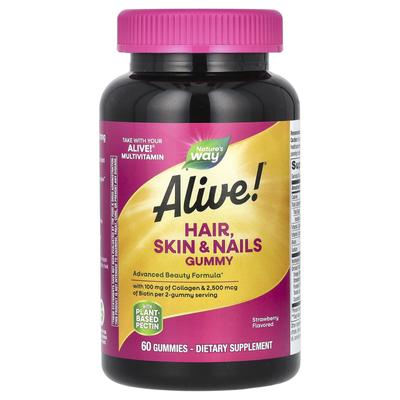 Alive! Hair, Skin & Nail Gummies, Strawberry Flavor, 60 Gummies