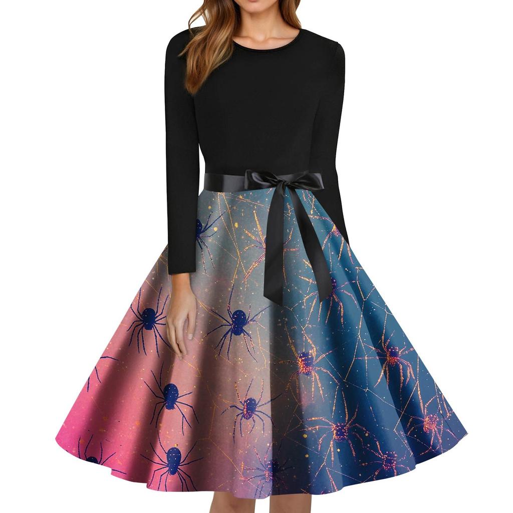 Women's Fashion O-Neck Casual Slim Fit Halloween Printed Long Sleeve Dress