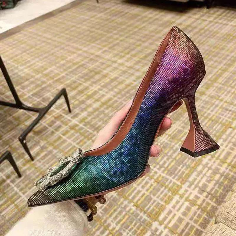 2024 New Gradient Rainbow 3D Sandals Sun Buckle Rhinestone Slippers Wine Glass Heel Fashion Women's Shoes
