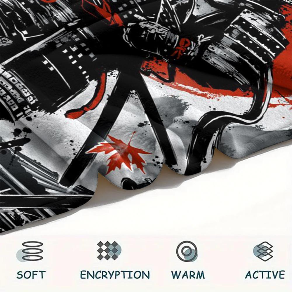 1Pc Japanese Samurai Print Flannel Blanket, High quality Comfortable for All Seasons, Home Decor, Warmth and Comfort, Perfect for Christmas Gifts