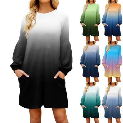Moda feminina manga longa vestido linha A outono casual pulôver gola redonda vestido solto com bolsos