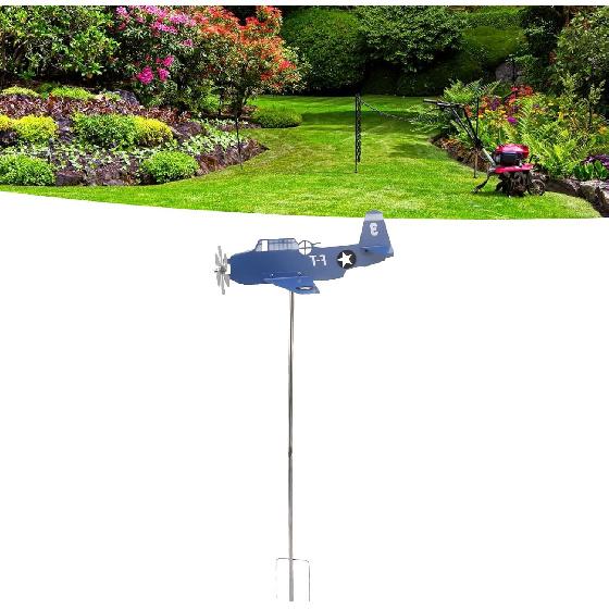 Airplane Weather Vane, Metal Wind Spinner for Garden Yard, Blue, Rotates with Wind