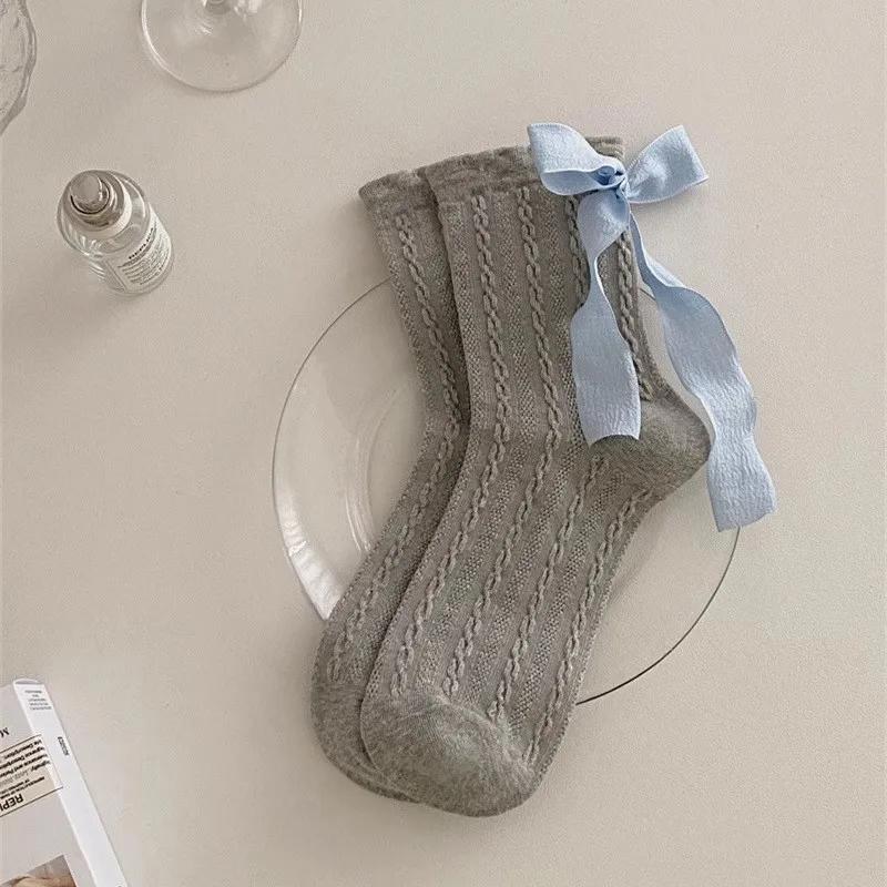 Heel Ribbon Bow Socks Children in Summer Thin Sweet Girl Lolita Socks Women Fried Dough Twists Pattern Tube Socks Absorb Sweat