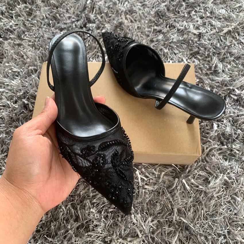 Black Embroidered Mesh Slingback High Heels Sandals for Women Shoes Woman Elegant Style Wedding Party Pumps