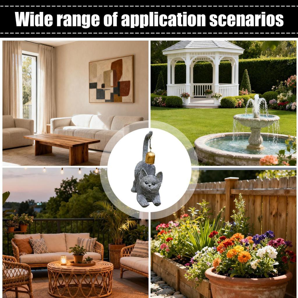 Cat Stretching Statue Resin Cat Figurine With Bell On Tail Outdoor Animal Sculptures For Yard Entryway Desk Living Room Balcony