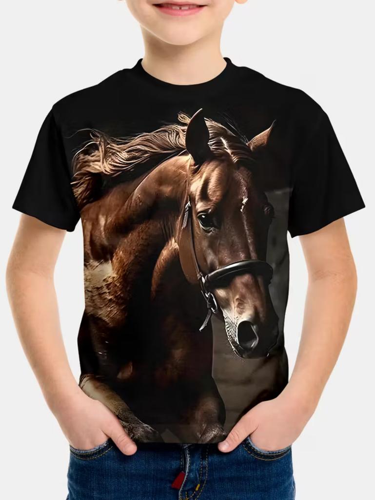 Children's clothing, boys' T-shirts, 3D horse print, short sleeves, fashionable children's summer clothing, casual children's clothing for girls.