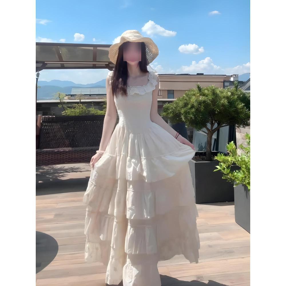 Xiaofei Sleeve Suspender Dress Women's Lace Splicing Large Skirt Waist Seaside Vacation Super Fairy Medium and Long Cake Skirt