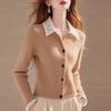 Khaki Lapel Lace Knitted Cardigan Women's Autumn and Winter New Retro Soft Waxy Long-sleeved Top and Clothing