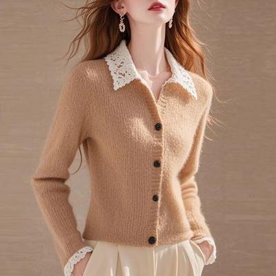 Khaki Lapel Lace Knitted Cardigan Women's Autumn and Winter New Retro Soft Waxy Long-sleeved Top and Clothing
