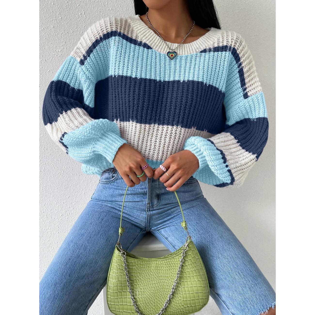 

Свитер в рубчик с цветными блоками и спущенным плечом, Универсальный вязаный топ с рукавами-фонариками и круглым вырезом для весны и осени, Женская одежда S синий