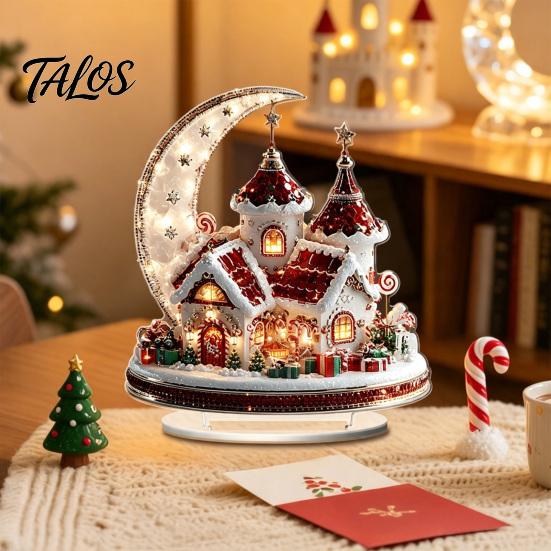 Winter Themed Decorative Art Christmas Acrylic Ornament, 2D Flat Snowy Cottage Ornament with Base, Small for Desk Display Santa Snowman Table