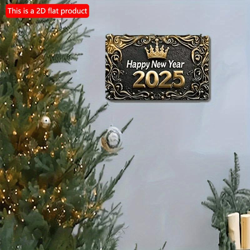 2d Flat 30*20cm, Boho Style Wooden "Happy New Year 2025" Sign, Wall Hanging Decorative Plaque, Multipurpose Square Wreath Sign, for Home, Kitchen,