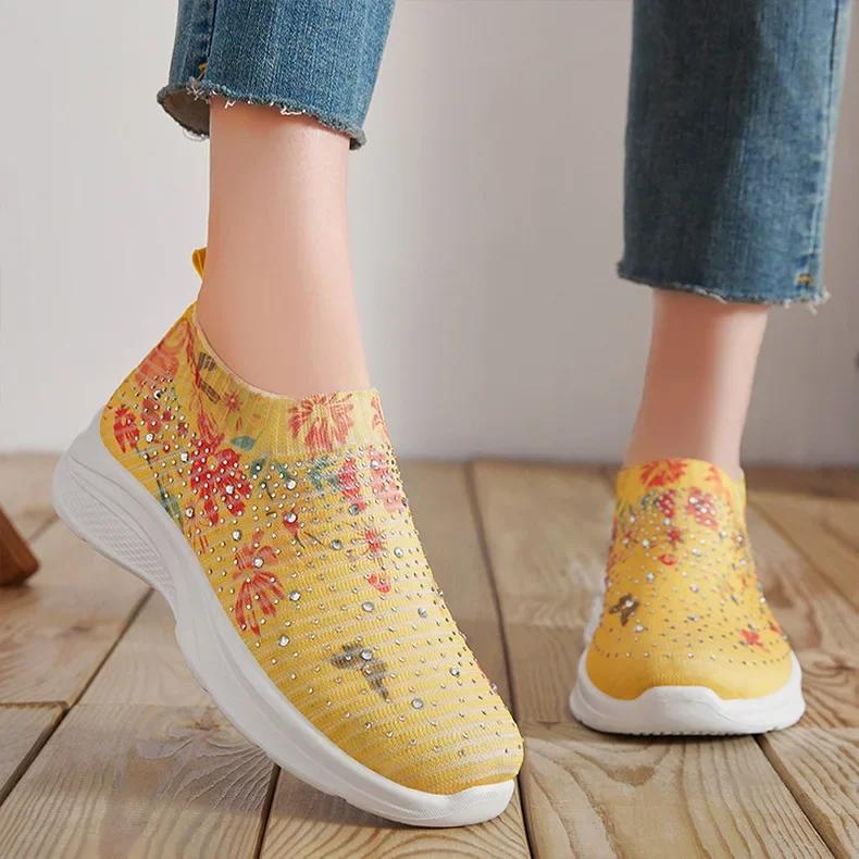 Fashion Spring Autumn New Women's Fashion Vulcanize Shoes Water Diamond Casual Breathable Shoes Slip On Printed Women's Sports Shoes