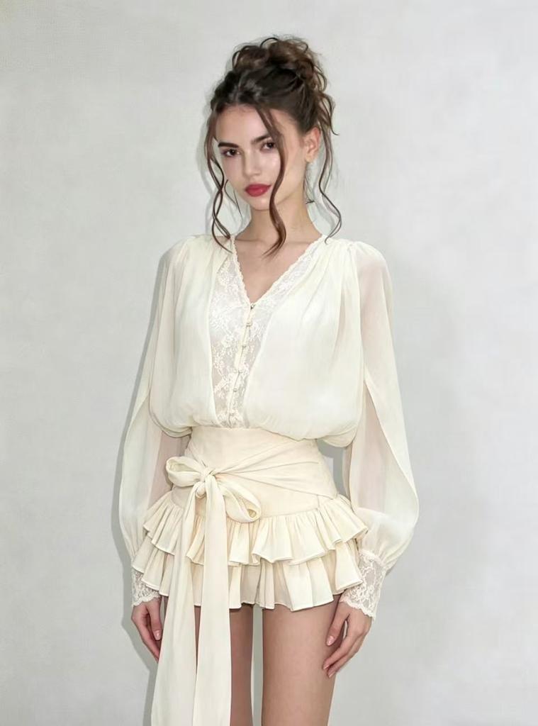 Chancloi Vietnam Fashion Long Sleeve Waist Tie Flared Mini Skirt For Youth
