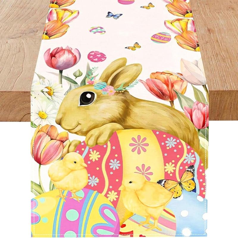 Linen Table Scarf Easter Rabbit Eggs Pattern Rectangular Washable Table Runner For Spring Decorations And Home Styling