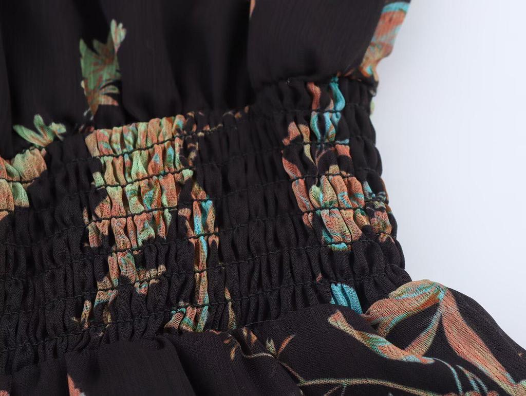 Women's European & American Style French Chiffon Floral Print High Neck Waist-Cinched Dress