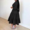 Women Dress Round Neck Puff Sleeve Big Hem Relaxed Fit Single Color Half Sleeve Belted Tight Waist Soft Patchwork Pleated A-line Midi D