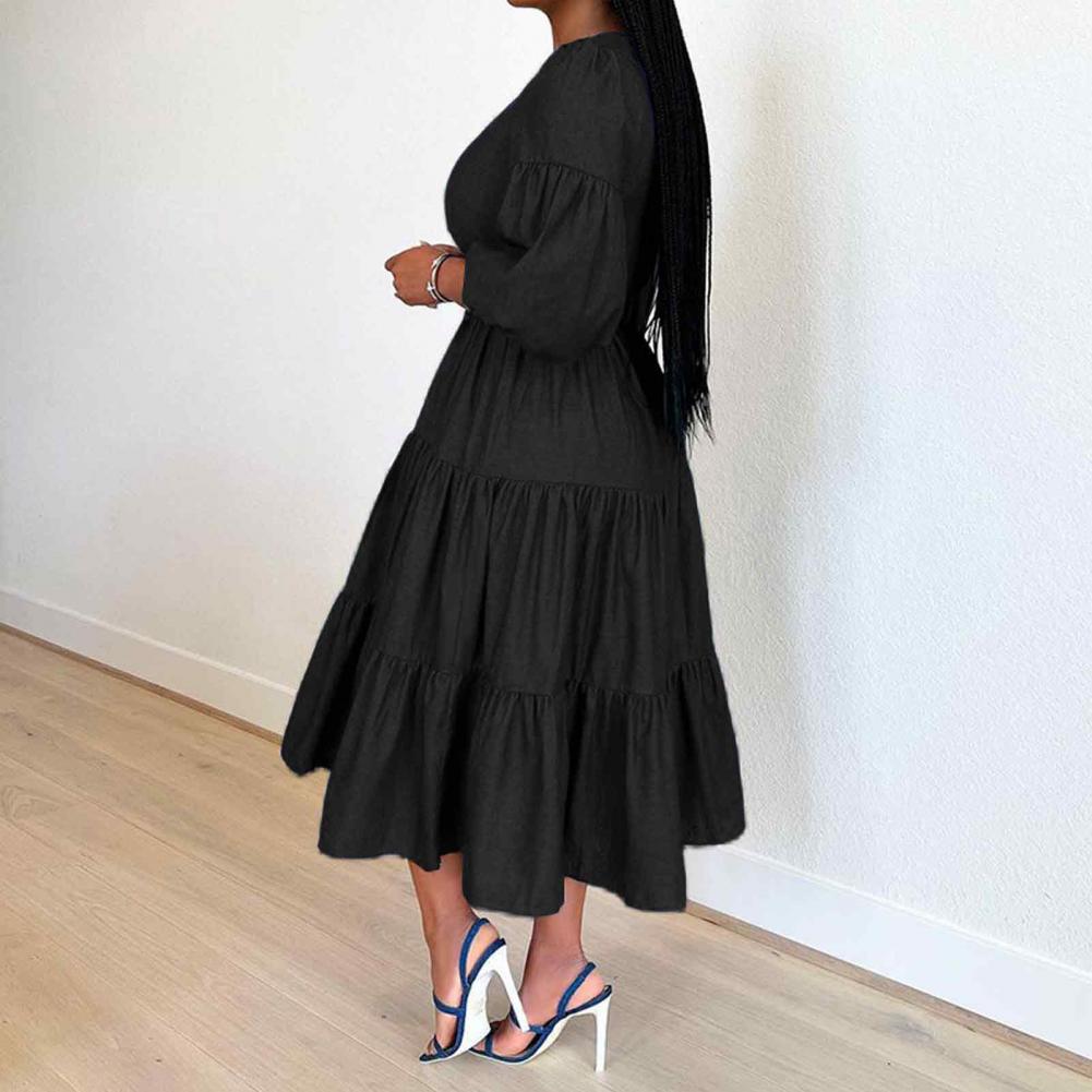 Women Dress Round Neck Puff Sleeve Big Hem Relaxed Fit Single Color Half Sleeve Belted Tight Waist Soft Patchwork Pleated A-line Midi D