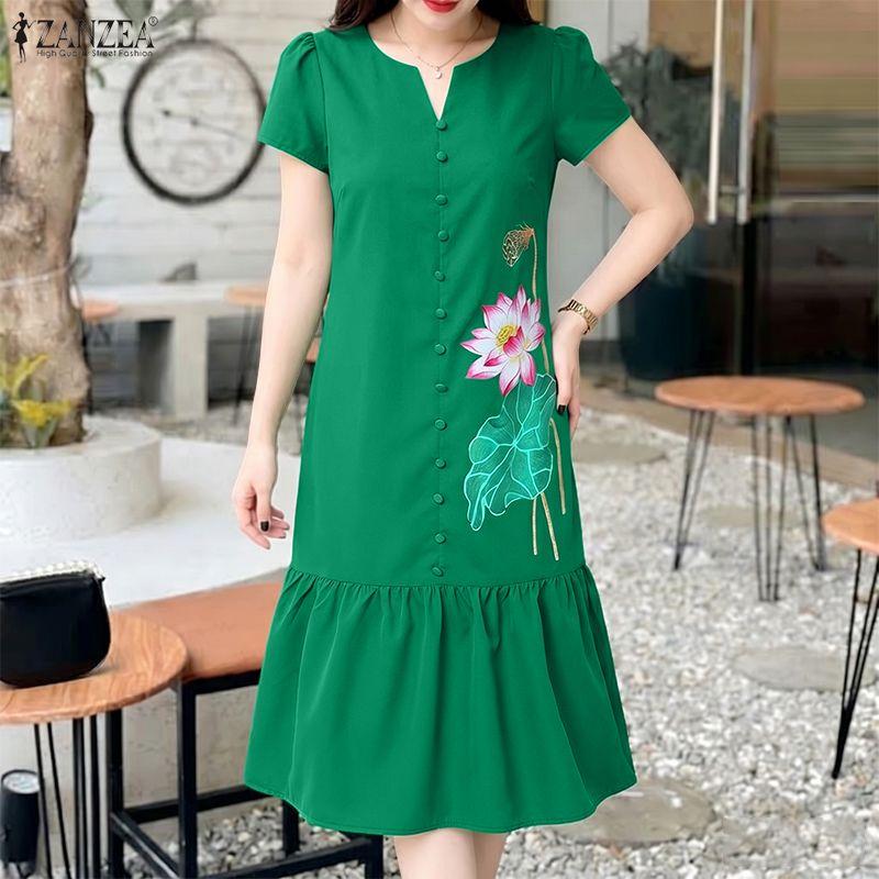 ZANZEA Women Casual V-Neck Summer Short Sleeve Floral Print Dress S зелёный