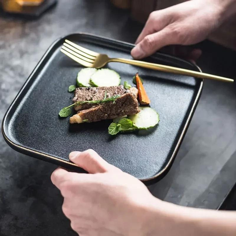Black Phnom Penh Steak Plate 8-inch Square Household Steak Plate and Vegetable Plate Restaurant Italian Noodle Western Tableware