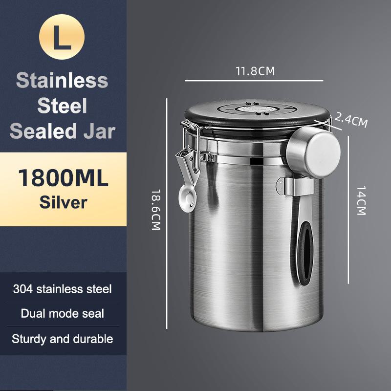 1.2 1.5 1.8L Coffee Bean Jar Airtight Canister Sealed Stainless Steel With Spoon One Way Valve Cannister Coffee Storage Kitchen