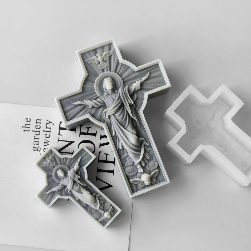 Handmade Aroma Candle Plaster Resin Sculpture Ornament Mold Home Decor Crafts Making DIY Jesus Cross Portrait Silicone Mold