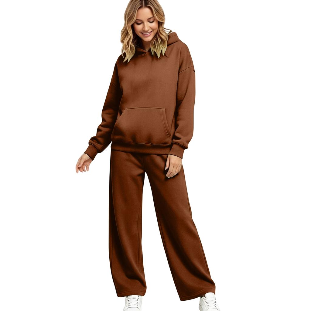 Women's Lined Drop Shoulder Top and Wide Leg Pants 2 Piece Set Color Loose Fit Casual Fall Winter Outfit