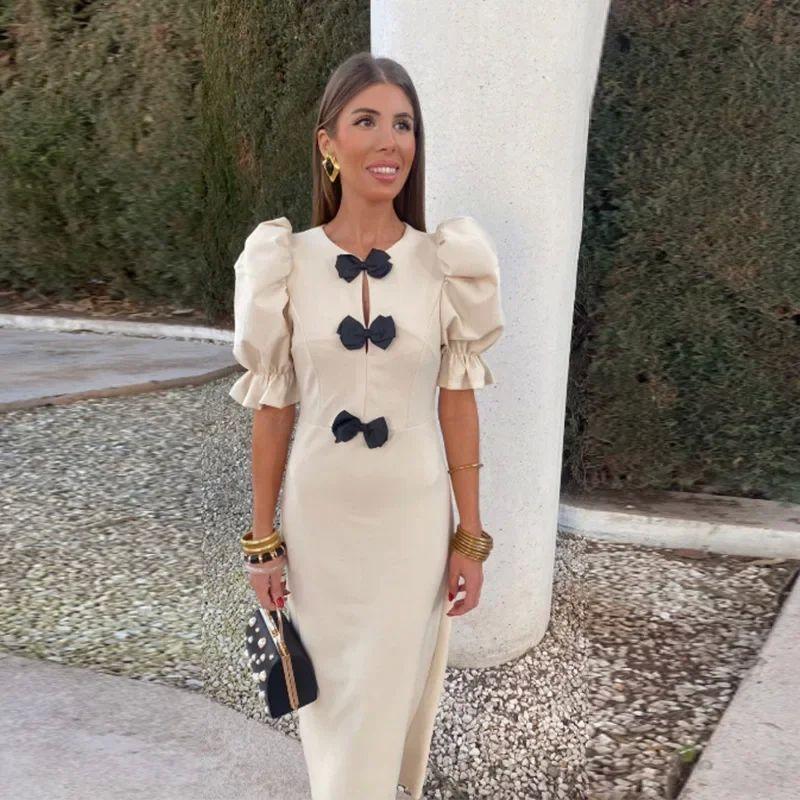 

Платье с рукавами-пузырями, бантом, приталенное, женское, рукава-буфы, банты, облегающее платье Milk white S(S)