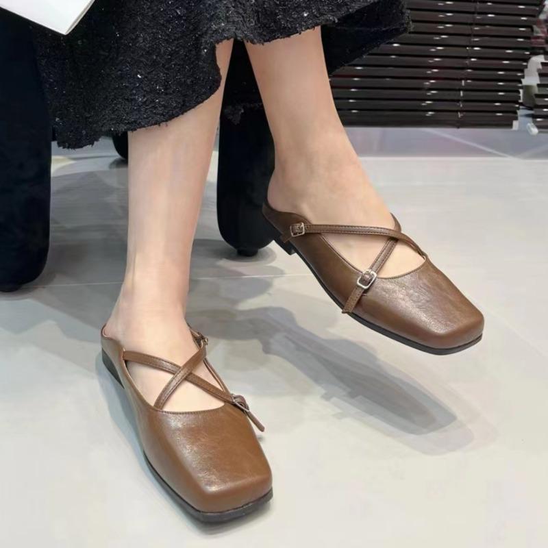 Fashion Spring New Baotou Slippers Women's Square Head Shallow Mouth Word with Soft Sole Anti-slip Wear-resistant Flat Shoes