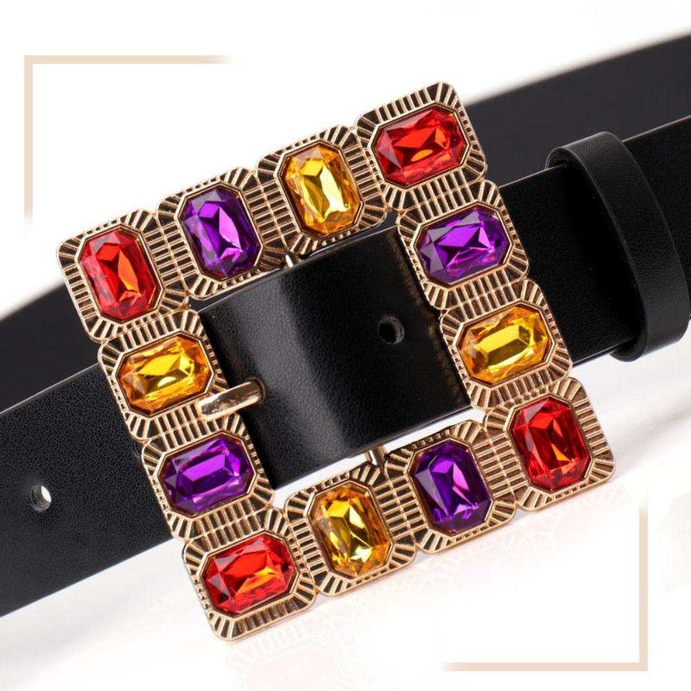 Colorful Rhinestone Belt Square Buckle PU Leather Belt Fashion Women Waistband  Girl