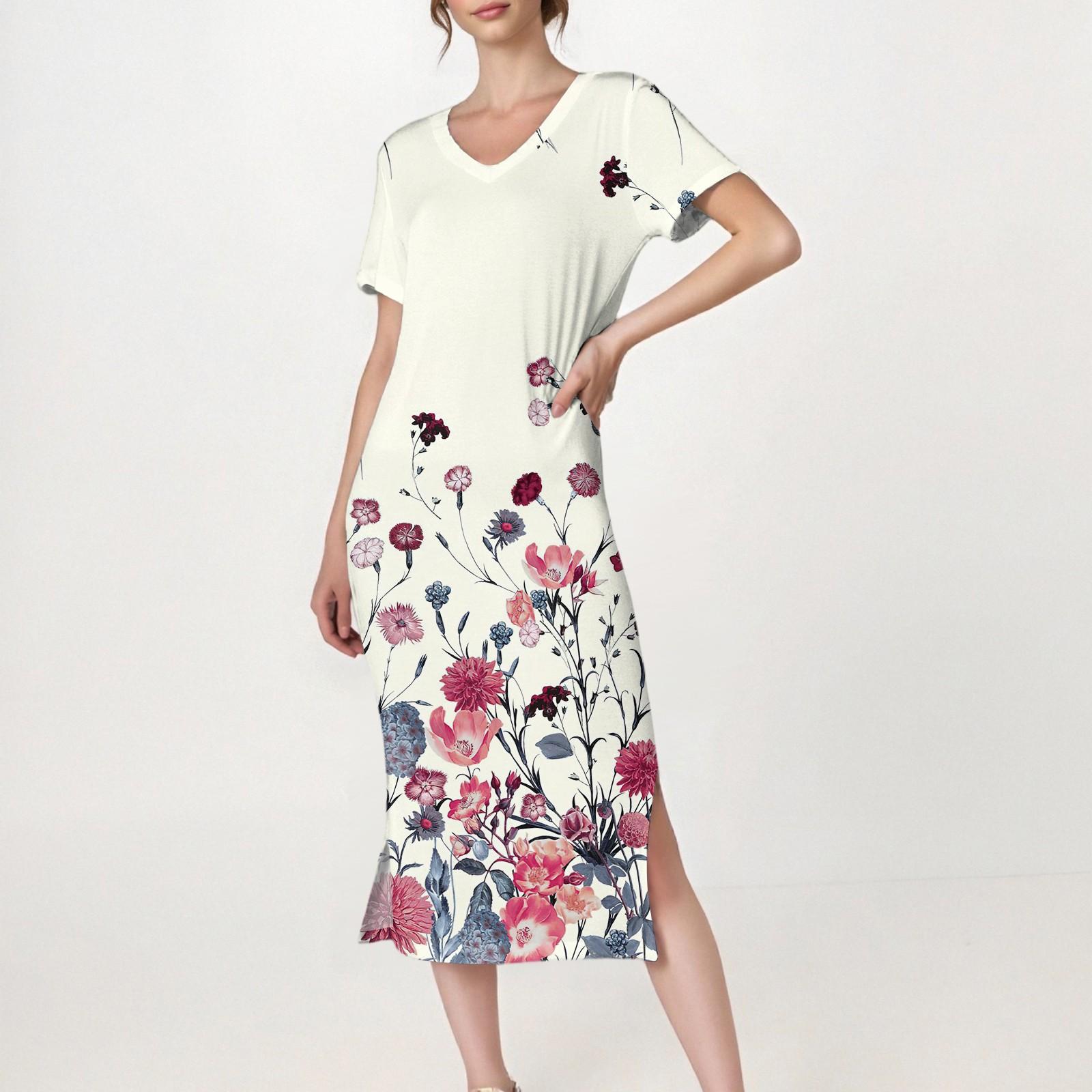 

Женское повседневное платье с V-образным вырезом и короткими рукавами, разрезом по низу и карманами L розовый