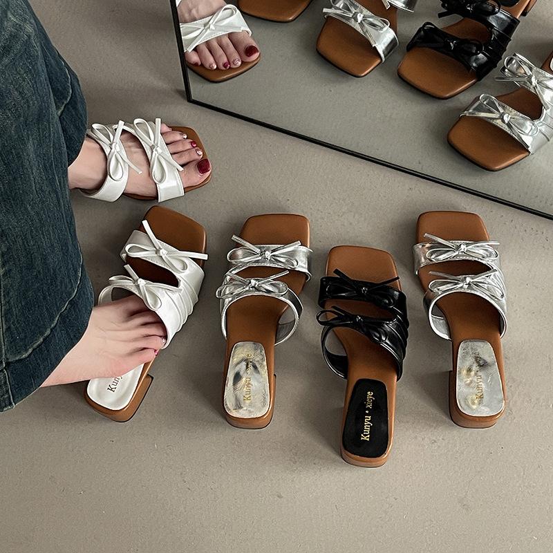 French square head bow with skirt slope heel cool slippers women's summer wear casual square and fashion one-word drag