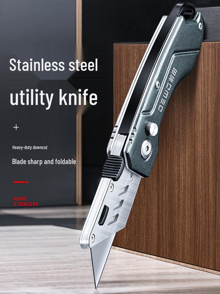 DEWO Heavy-Duty Stainless Steel Electrician's Folding Utility Knife with Cable and Wire Stripper, Thickened Hook.
