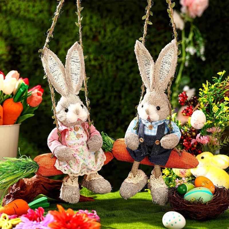 Easter Bunny on Swing Handmade Woven Grass Rabbit Creative Figurine Home Decor Hanging Ornament Forest Theme Gift Souvenir