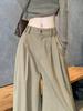 Khaki Retro High-Waist Wide-Leg Women's Work Pants, Extra Long Version for Tall, Spring/Autumn 2025.