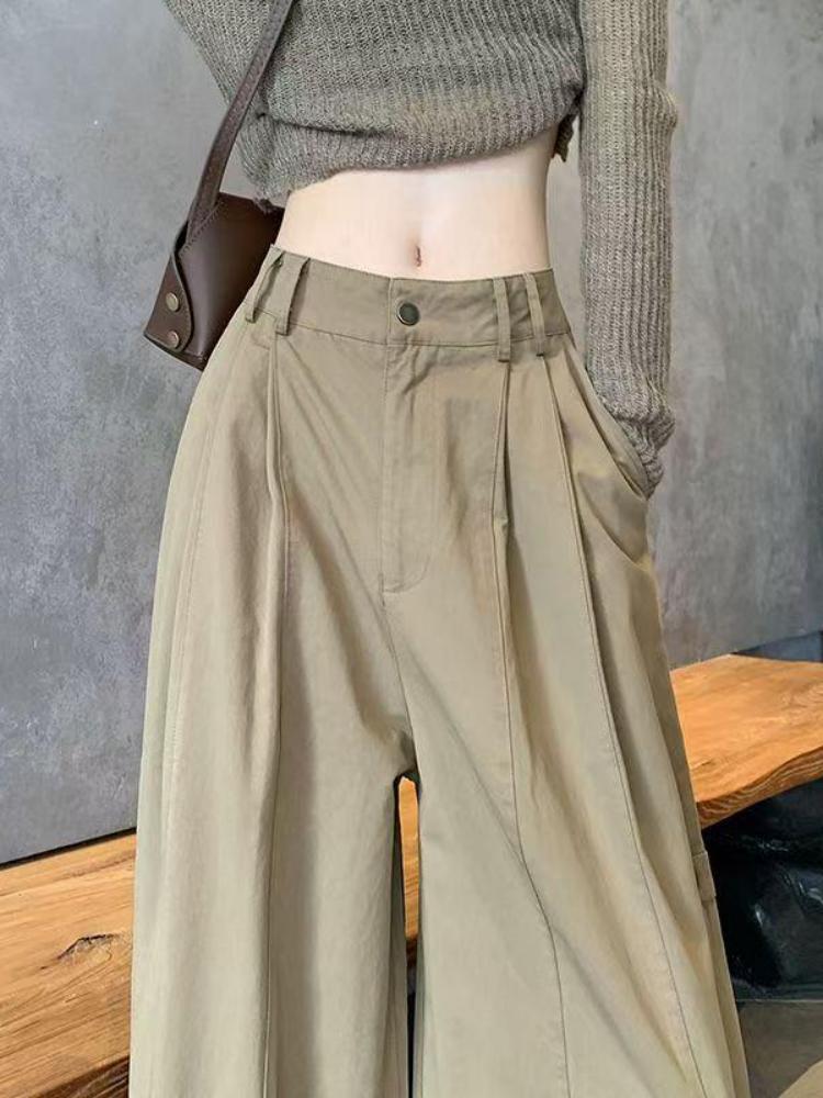 Khaki Retro High-Waist Wide-Leg Women's Work Pants, Extra Long Version for Tall, Spring/Autumn 2025.